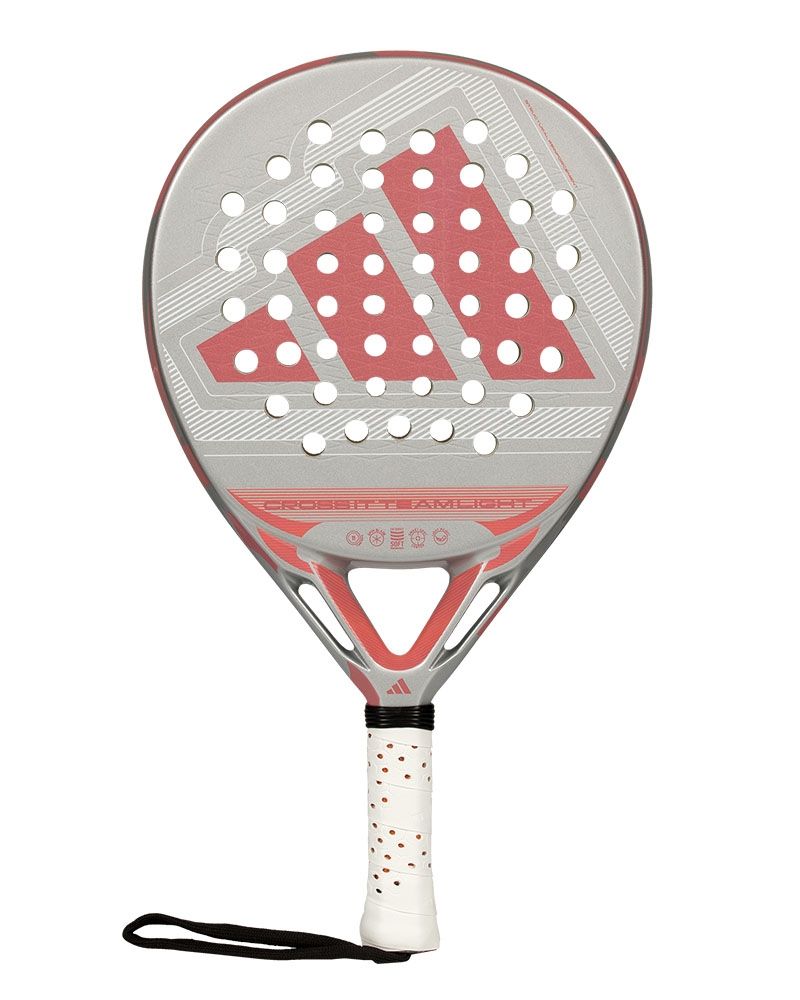 Vooraanzicht Adidas Cross It Team Light 2026: lichtgrijs padelracket (345–360 g) met ronde vorm en roze Adidas logo.