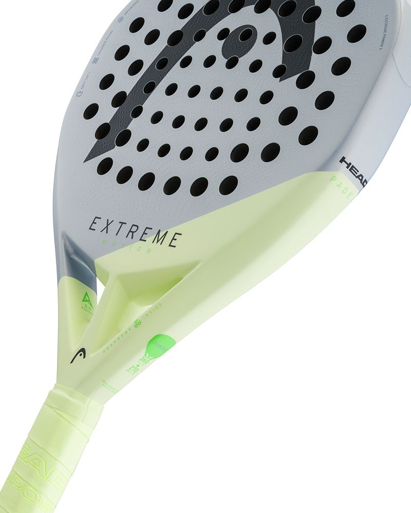 Schuin vooraanzicht Head Extreme Motion 2026 grijs met licht groene padel racket