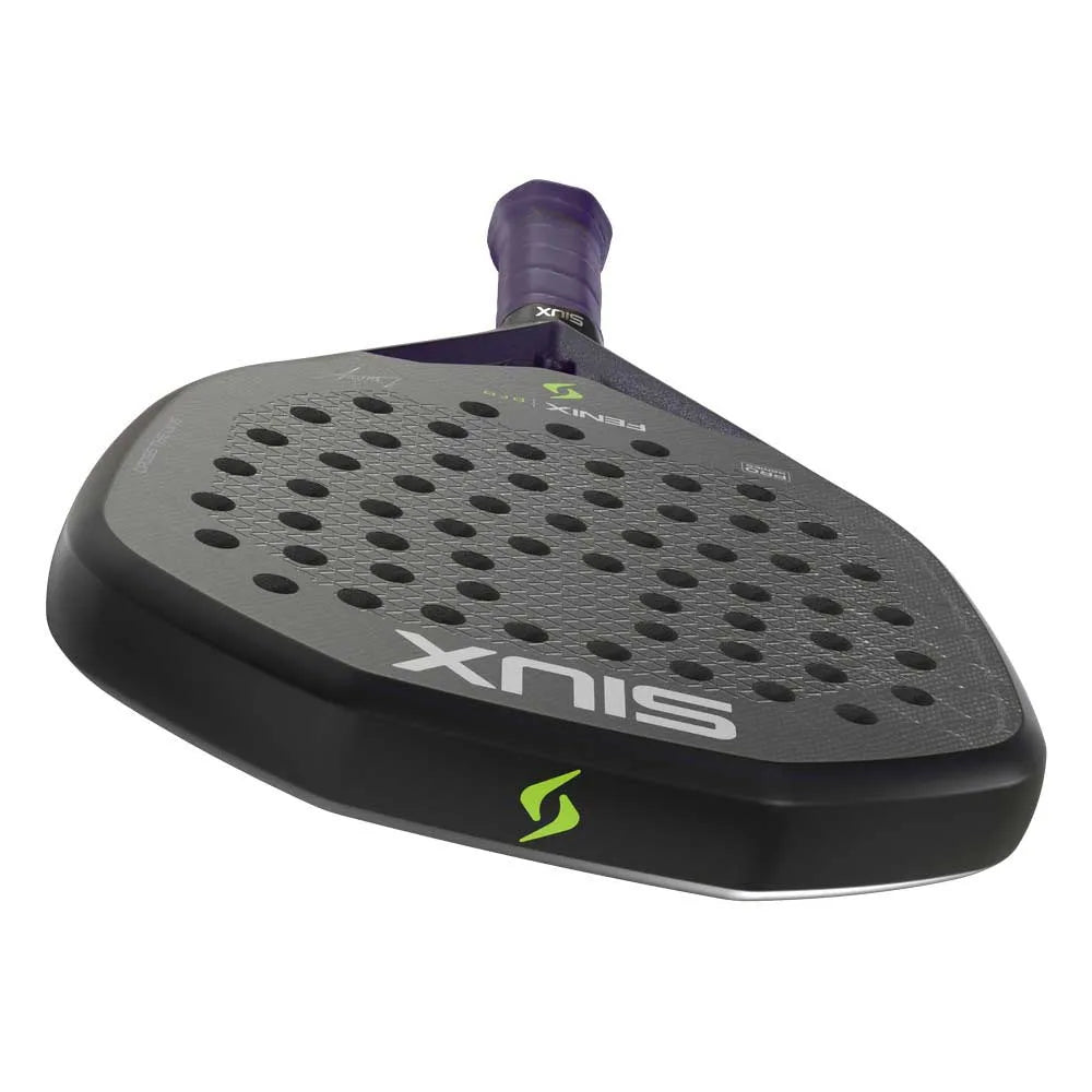 Bovenaanzicht Siux Fenix Pro 2026 zwarte padel racket met paars handvat