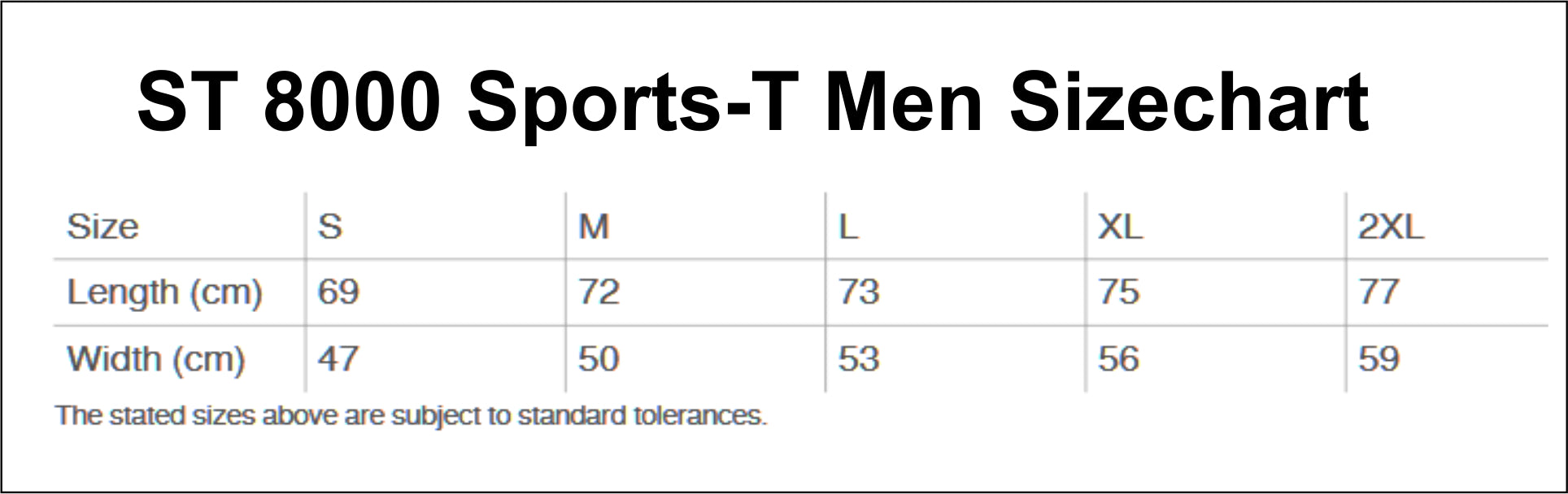 ST 8000 sport t-shirt maattabel