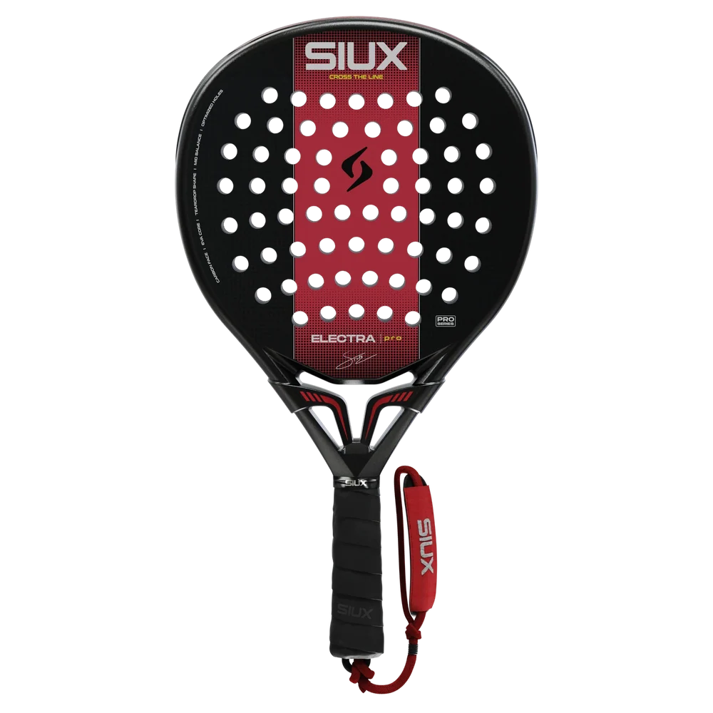 Vooraanzicht zwarte padel racket met een rode verticale streep door het midden. Bovenaan staat het merk Siux in witte letters.