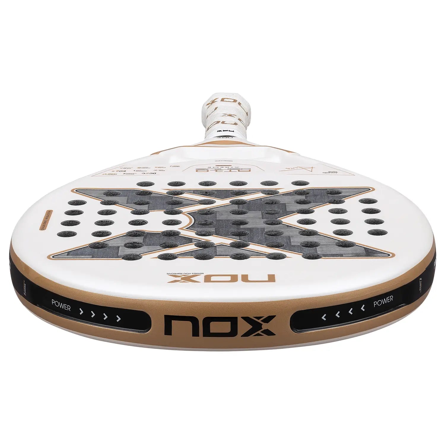 Bovenaanzicht Nox AT10 12K Alum Xtrem 2026 padelracket – Agustín Tapia Edition met 12K Alum Xtrem Carbon, HR3 Black EVA-kern en Dual Spin-afwerking.