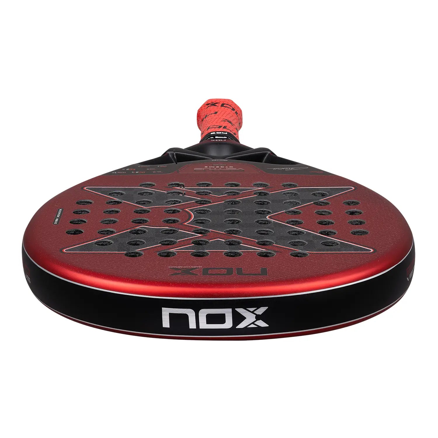 Bovenaanzicht Nox EA10 Ventus Hybrid 12K Xtreme 2026 – Edu Alonso Edition. Traanvormig padelracket met 12K Carbon, Multilayer Black EVA-kern en 3D Rough Surface voor veelzijdig en krachtig spel.