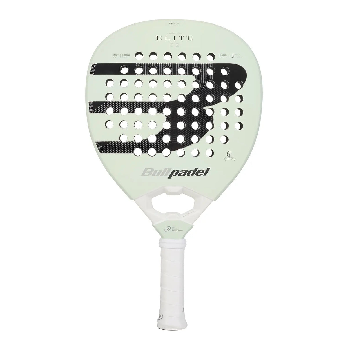 Vooraanzicht Bullpadel Elite 02 2027 lichtgroen padel racket met zwart Bullpadel logo.