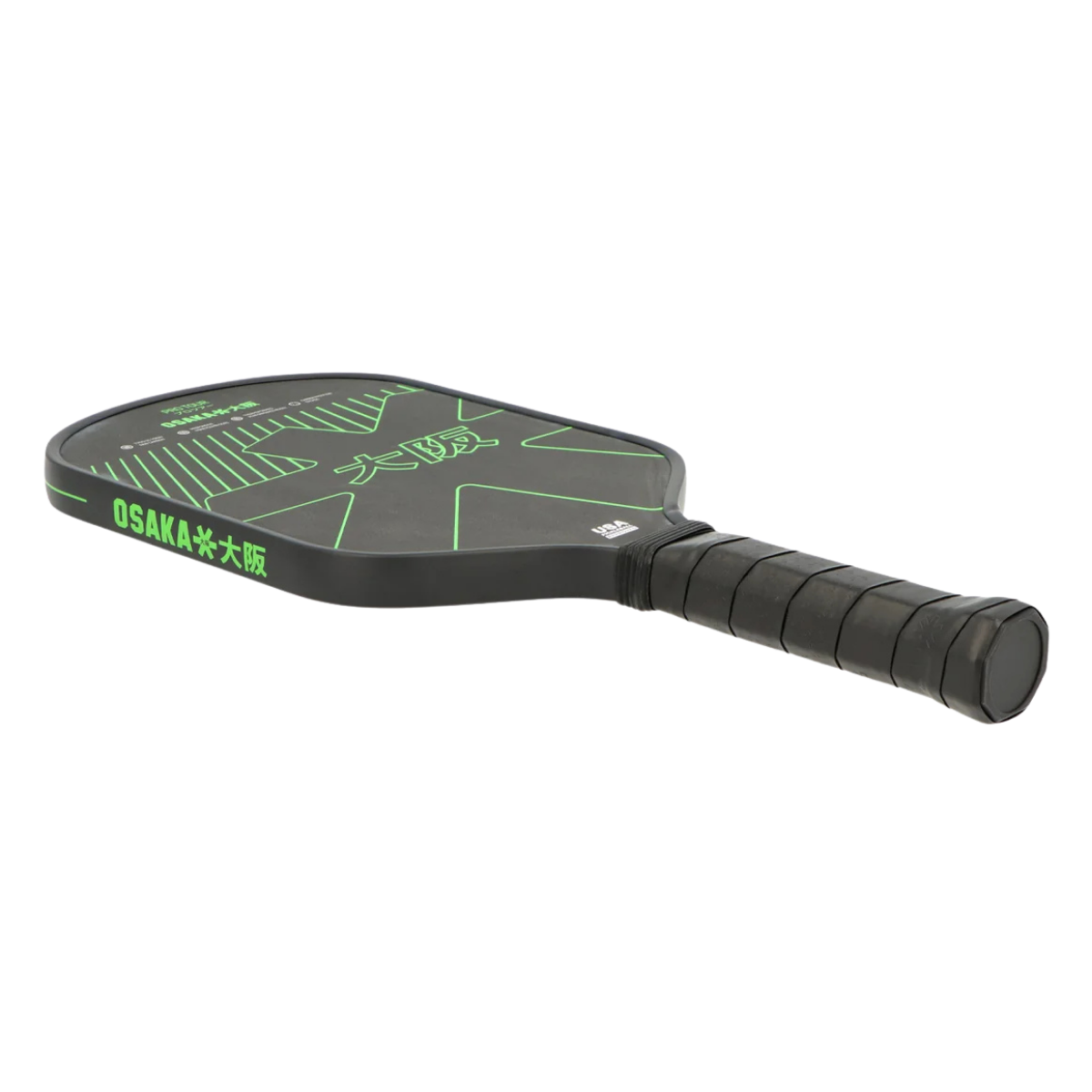 Schuin bovenaanzicht Osaka Pro Tour Pickleball racket zwart met groen Osaka logo
