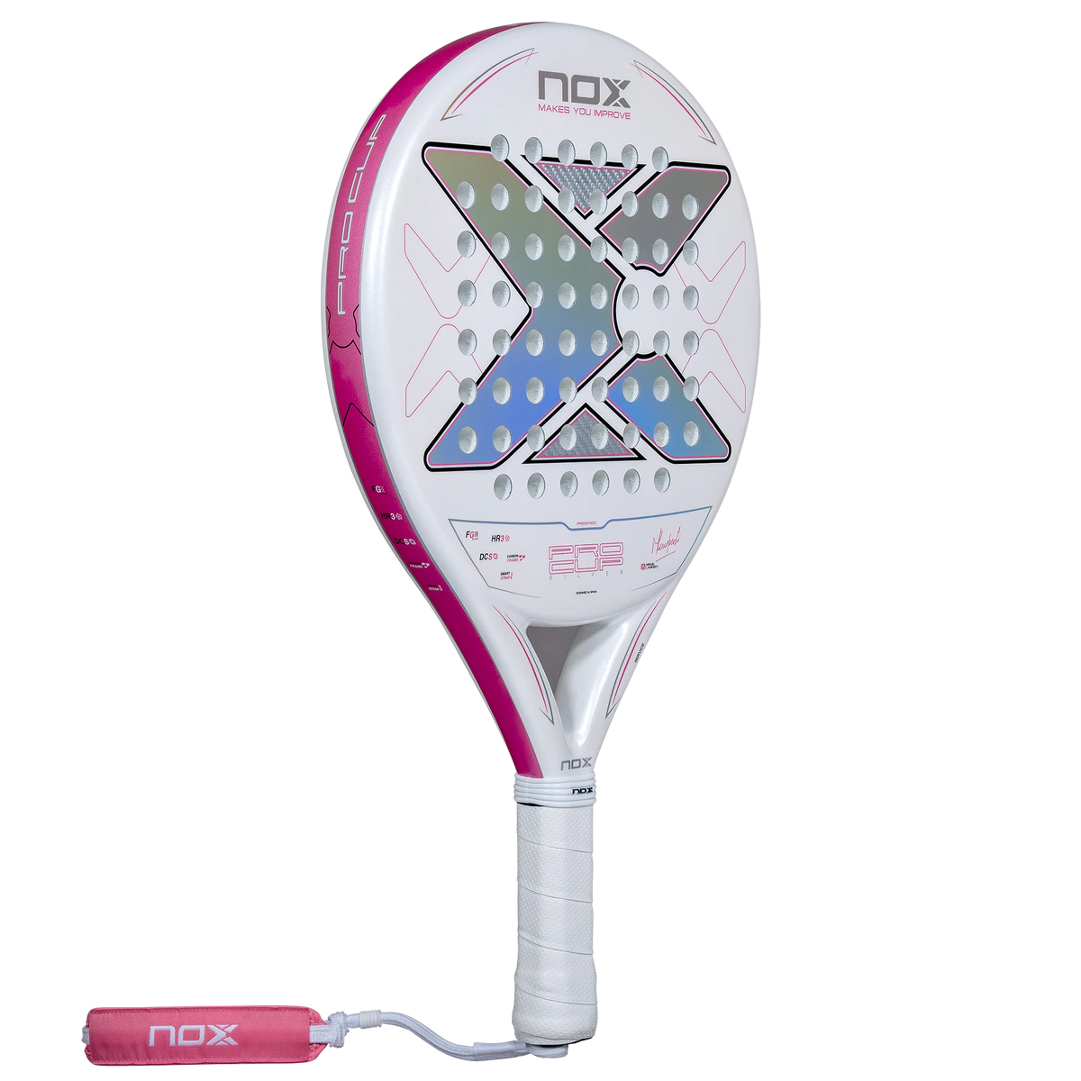 Schuin vooraanzicht wit padel racket Nox Pro Cup Silver 2027 met roze details