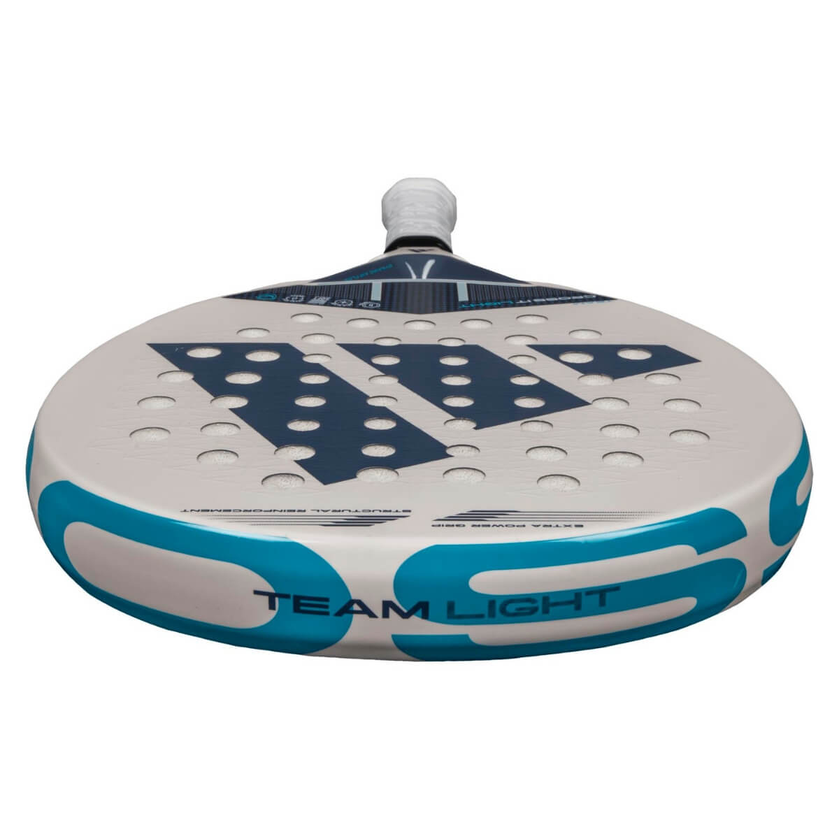Adidas Cross It Light 3.4 witte padel racket met donkerblauw adidas logo bovenaanzicht