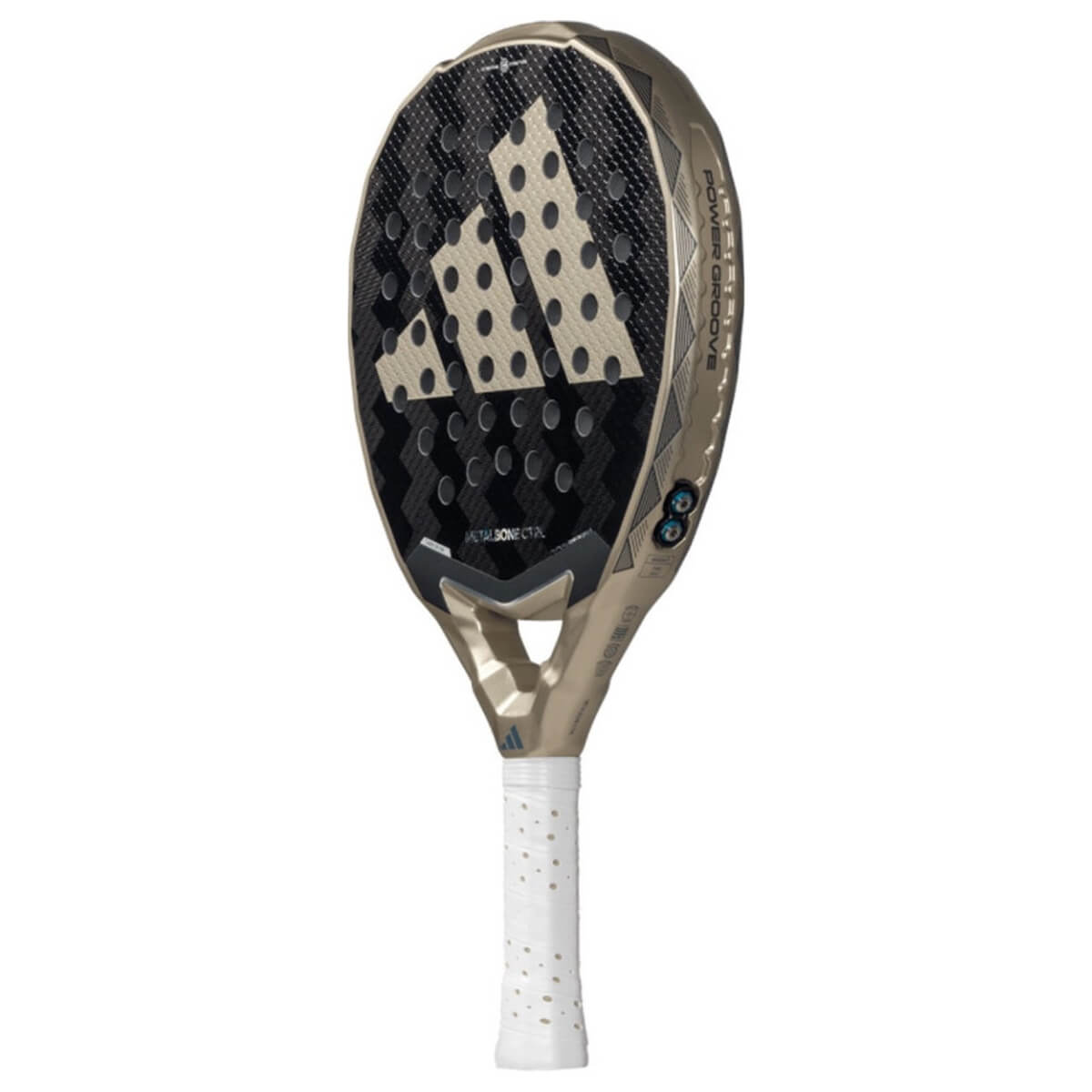 Schuin vooraanzicht van de Adidas Metalbone Ctrl 3.4 2025 zwarte padel racket met gouden logo van adidas in het midden.