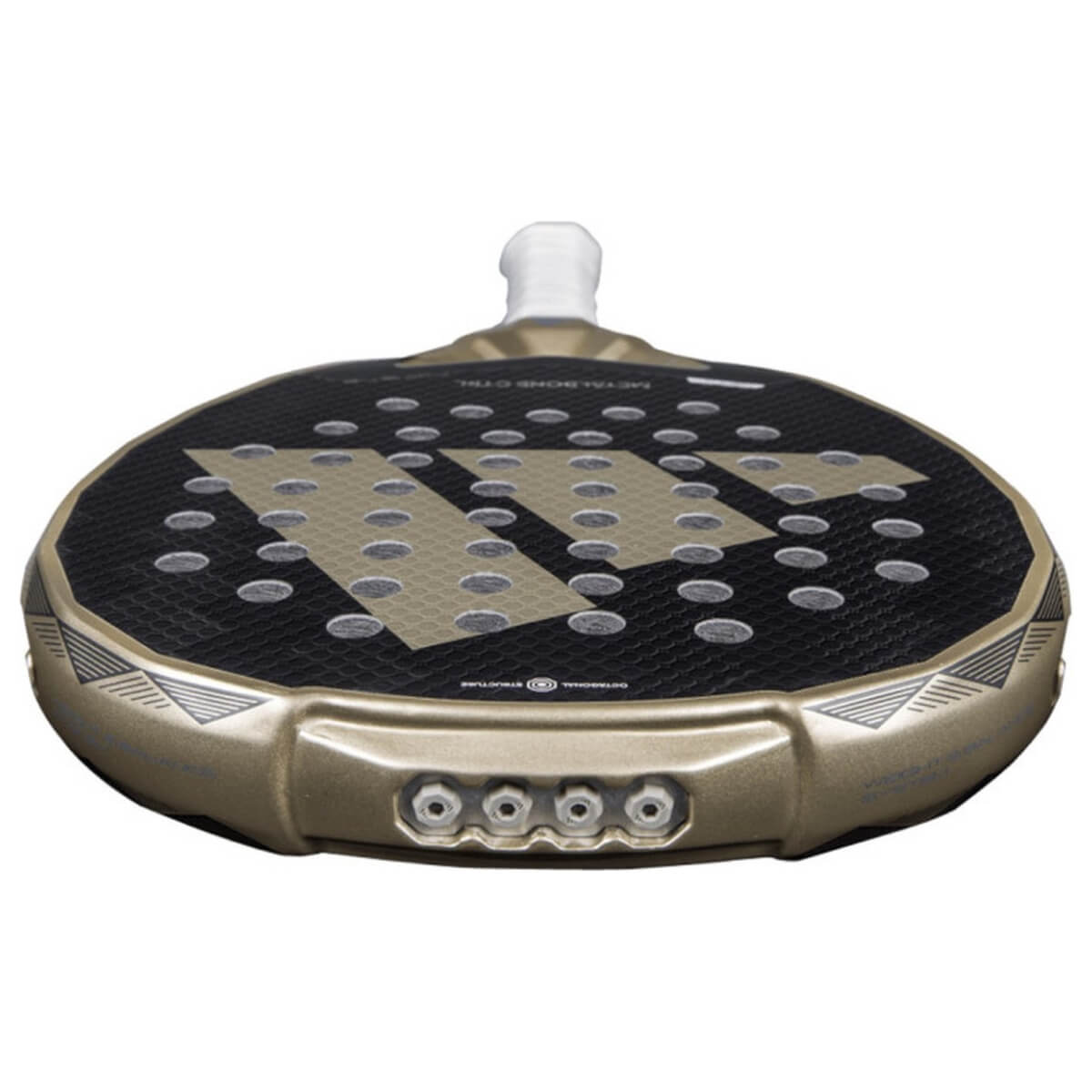 Bovenaanzicht van de Adidas Metalbone Ctrl 3.4 2025 zwarte padel racket met gouden logo van adidas in het midden.