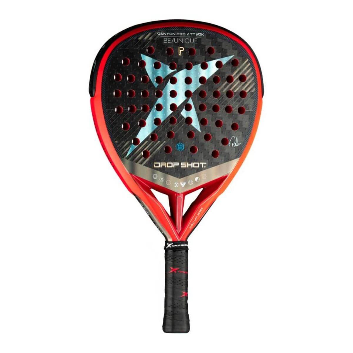 Vooraanzicht Drop Shot Canyon Pro Attack 24 padelracket, diamantvormig blad in zwart-rood design met 24K carbon details.