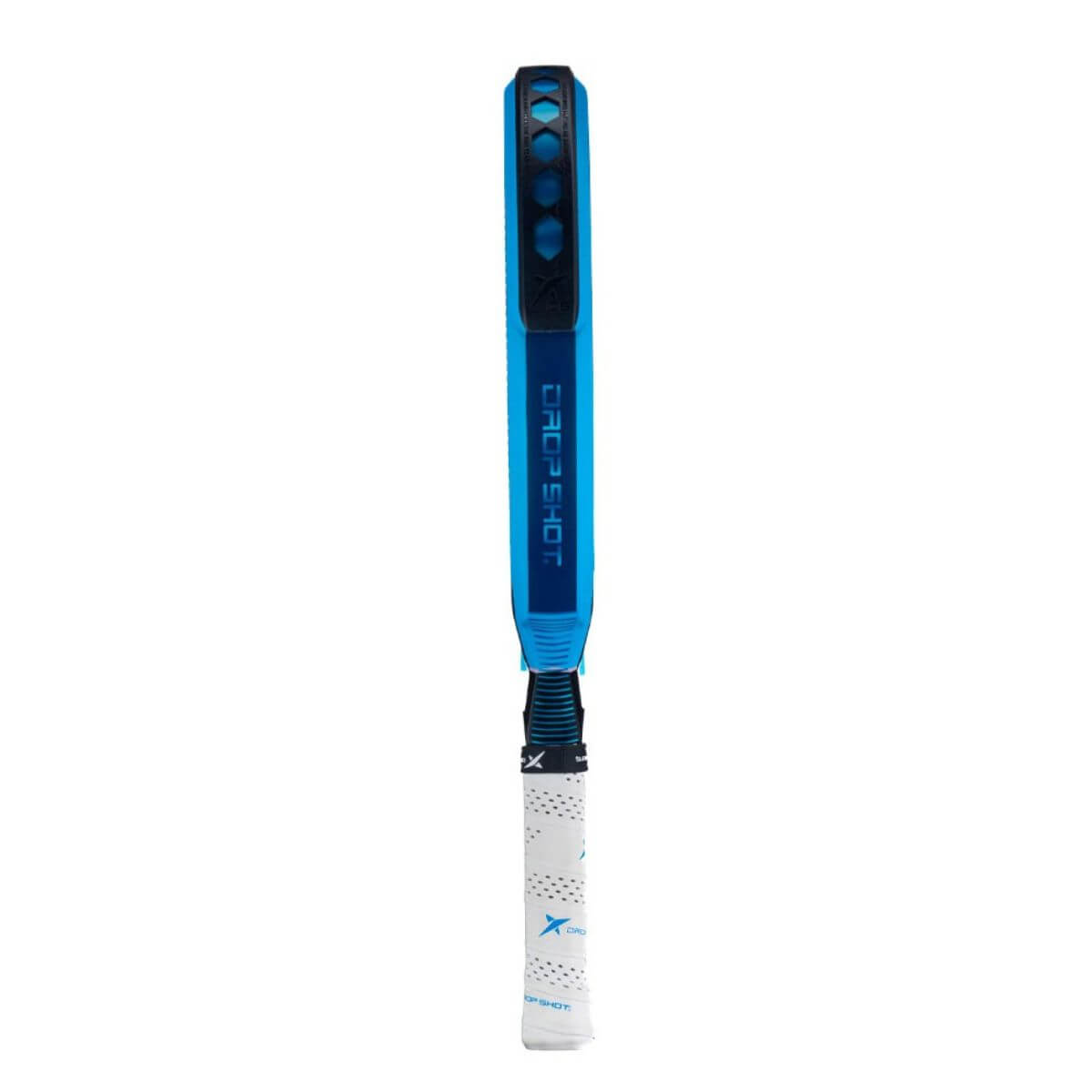 Zijkant Drop Shot Explorer Pro Attack 24 padelracket, diamantvormig zwart-blauw design met 12K carbonstructuur.