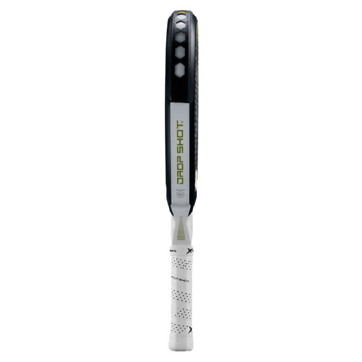 Zijkant Drop Shot Explorer Pro Control 1.0 padelracket, rond zwart-rood design met 12K carbonstructuur.