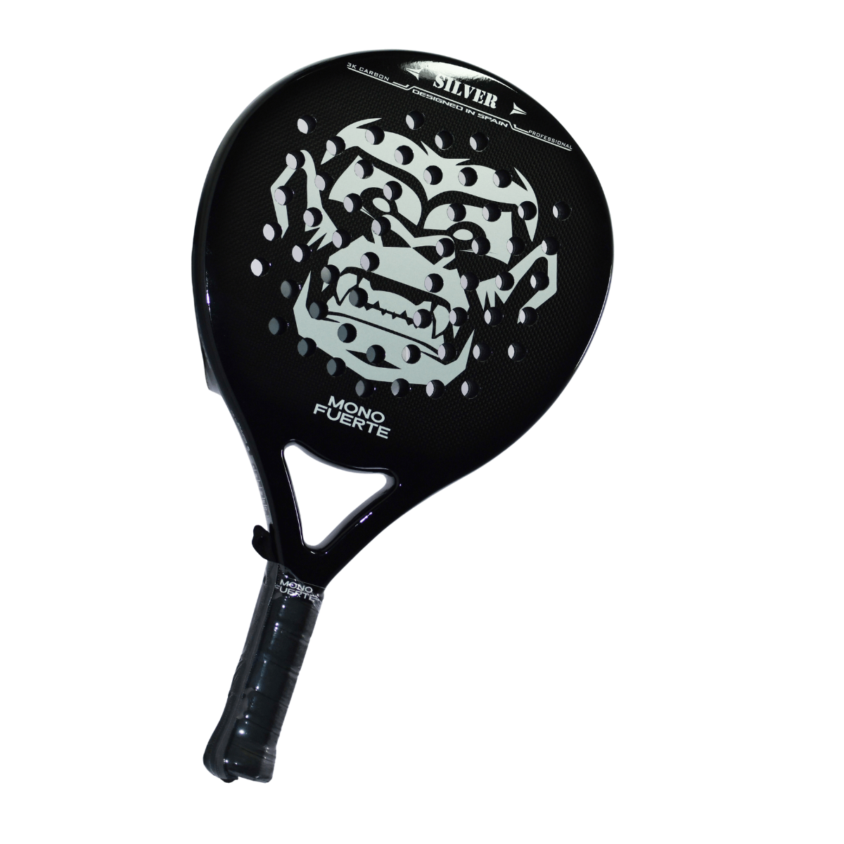 Zwart padel racket met zilveren aap logo Mono Fuerte Silver schuin vooraanzicht