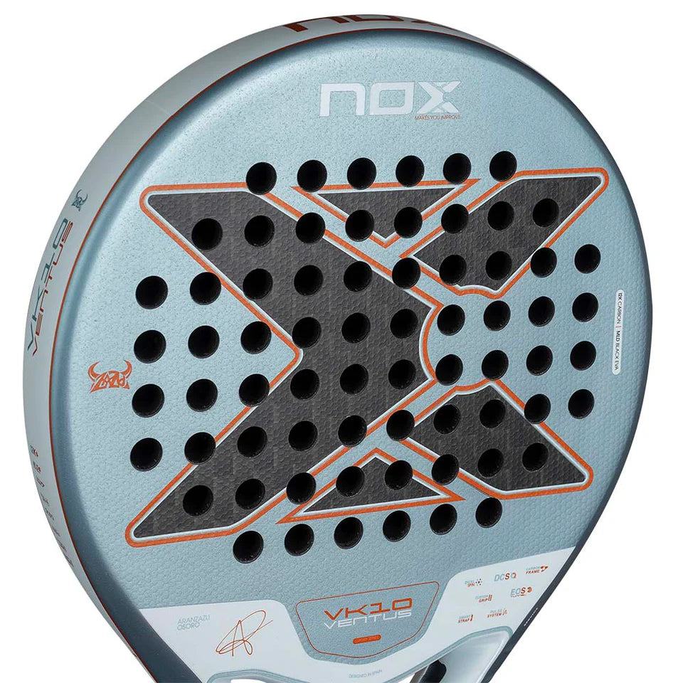 Detail slagoppervlak Nox VK10 Ventus Control 12K by Aranzazu Osoro 2026 – Rondvormig padelracket met 12K Carbon en MLD Black EVA-kern. Licht, wendbaar en perfect voor controlegericht spel.