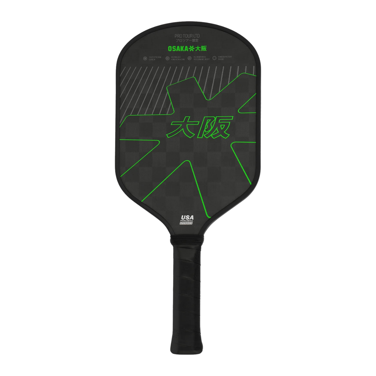Vooraanzicht zwart pcikleball racket met groen logo Osaka