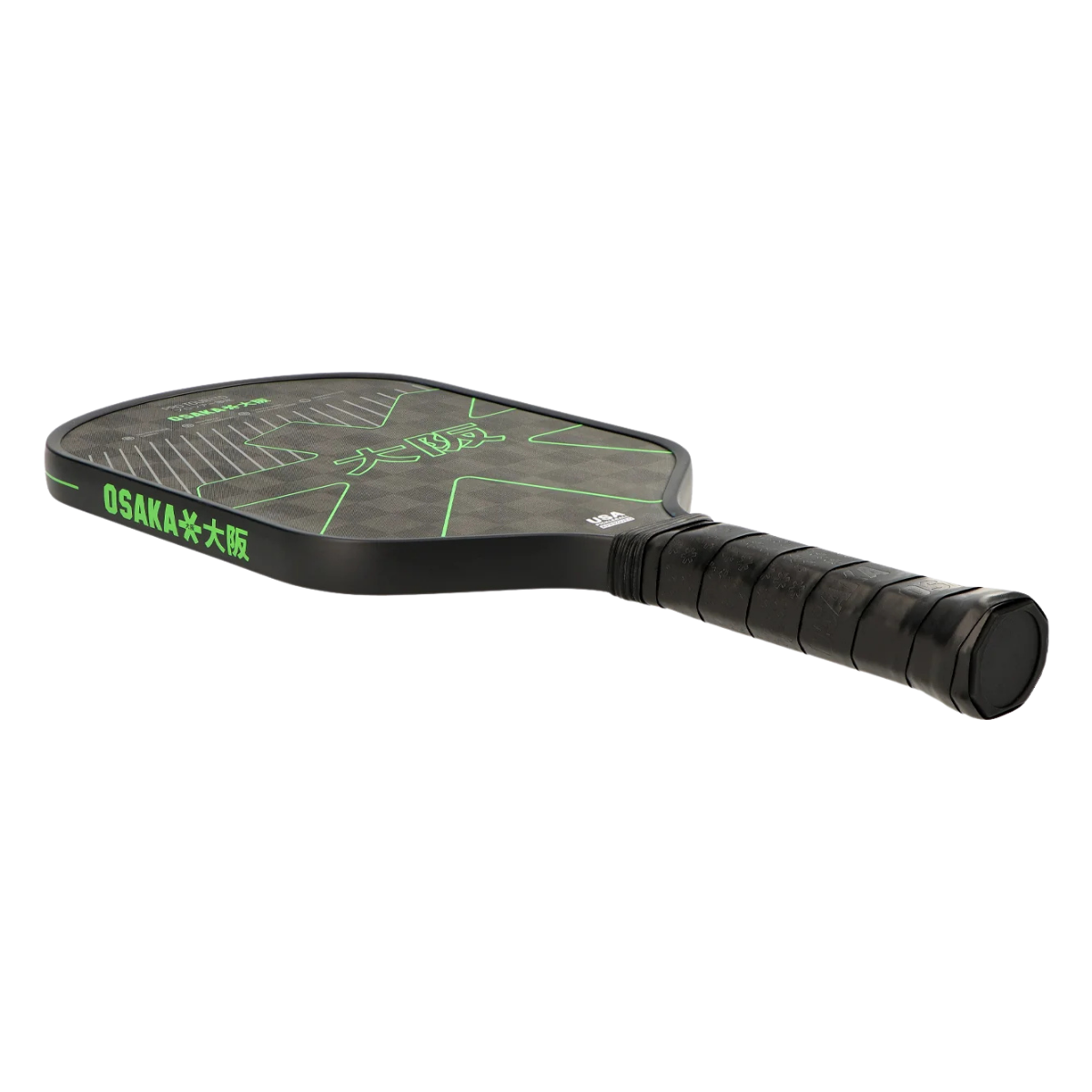 Schuin bovenaanzicht zwart pcikleball racket met groen logo Osaka
