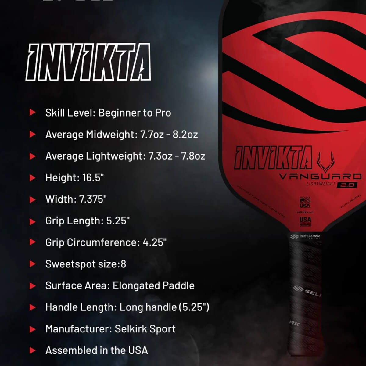 Selkirk Vanguard 2.0 Invikta paddle / racket specificaties