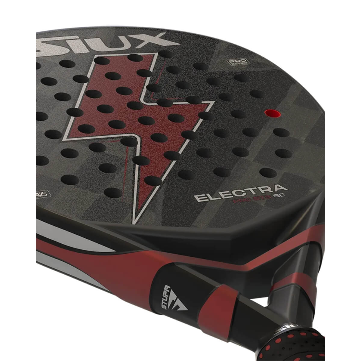 Siux Electra ST3 Pro Special Edition 2025 zwart padel racketmet een rode bliksem erop schuin onderaanzicht