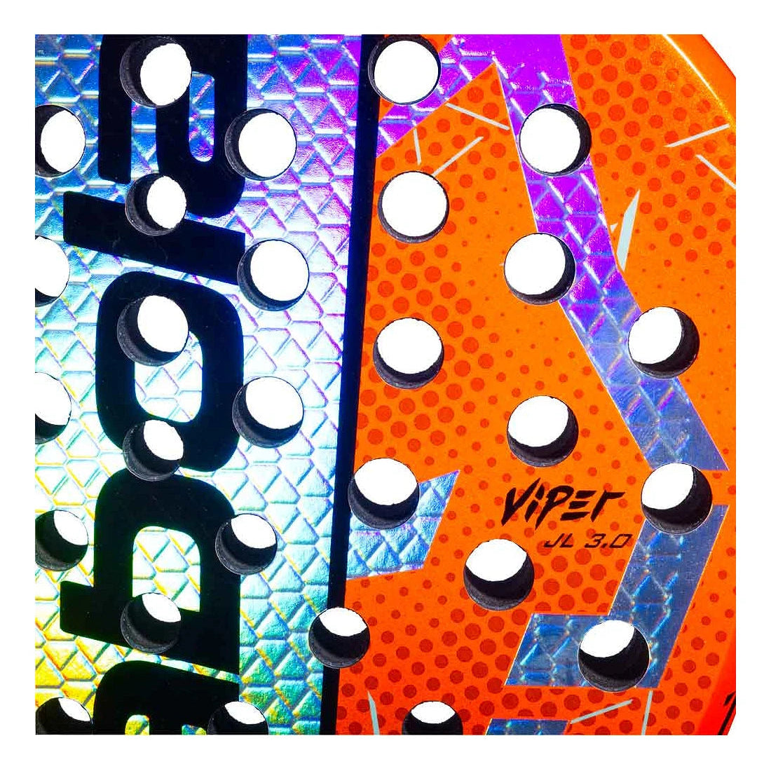 Detail slagoppervlak Babolat Viper Juan Lebrón 3.0: diamantvormig power padelracket met 3K carbon, harde EVA-kern en Dynamic Stability System