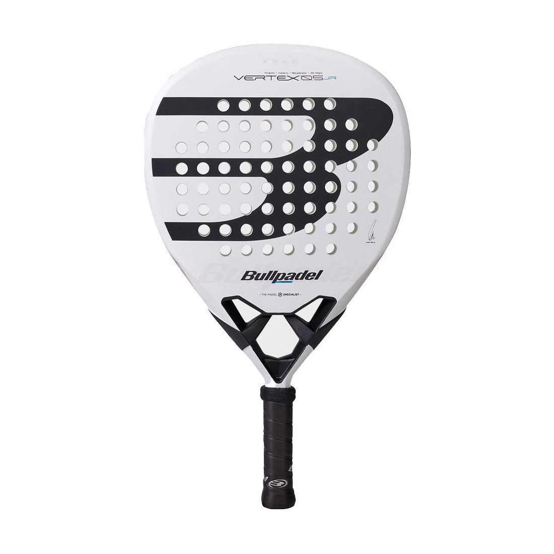 Vooraanzicht witte Bullpadel Vertex Jr Boy 2026 padel racket met zwart logo.