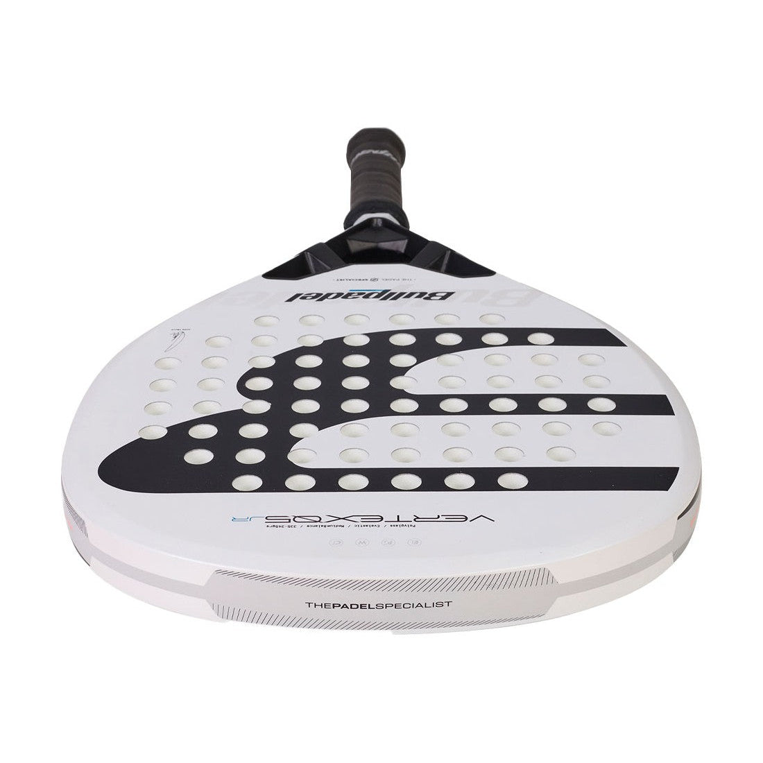 Bovenaanzicht witte Bullpadel Vertex Jr Boy 2026 padel racket met zwart logo.