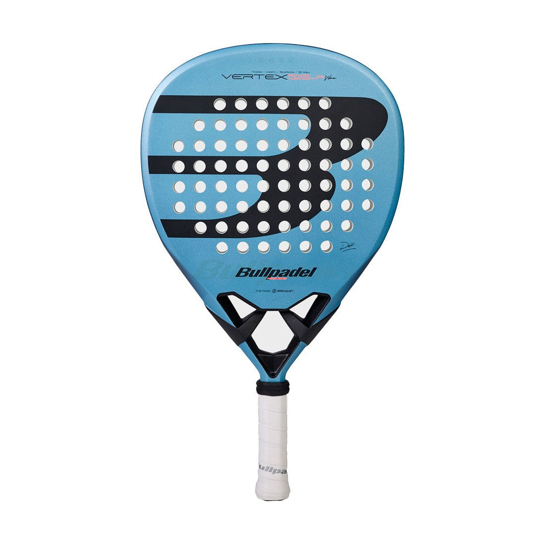 Vooraanzicht licht blauwe Bullpadel Vertex Jr Girl 2026 padel racket met zwart logo.