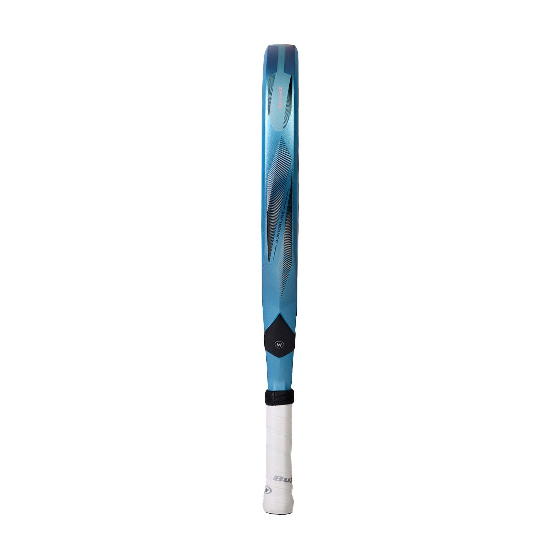 Zijaanzicht licht blauwe Bullpadel Vertex Jr Girl 2026 padel racket met zwart logo.