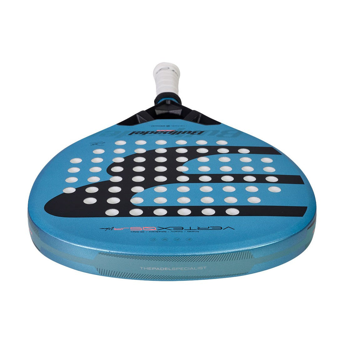 Bovenaanzicht licht blauwe Bullpadel Vertex Jr Girl 2026 padel racket met zwart logo.