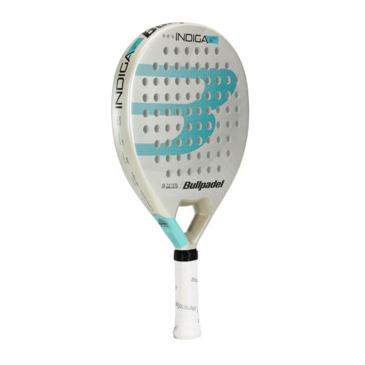 Bullpadel Indiga W 25 wit padel racket met lichtblauw Bullpadel logo schuin vooraanzicht