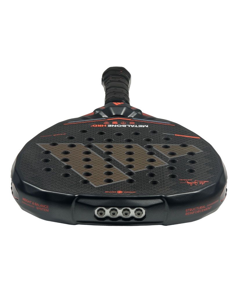 Bovenaanzicht Adidas Metalbone HRD+ 2026: diamantvormige power racket met Carbon Aluminized 16K, EVA High Memory en verstelbaar Weight & Balance System. 