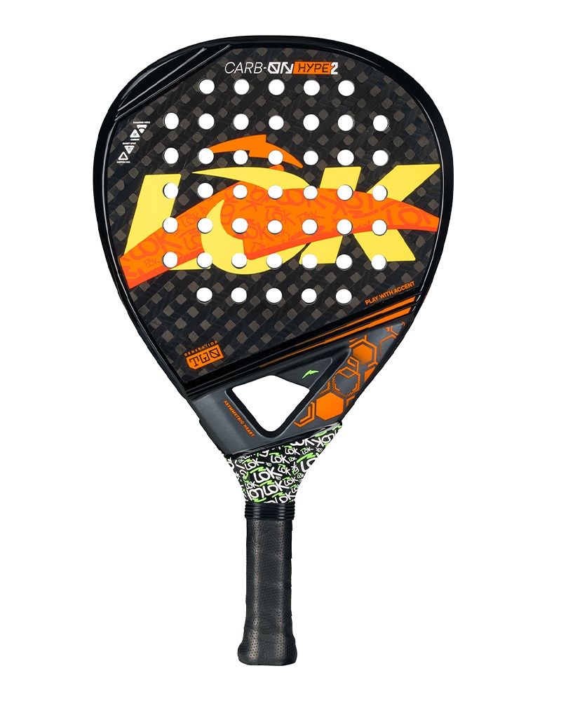 Vooraanzicht Lok Carbon Hype Gen 2 padel racket met oranje/geel logo van Lok.