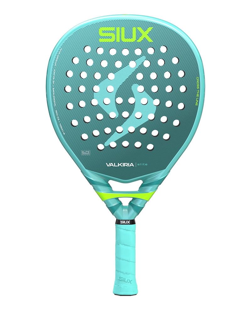 Vooraanzicht Siux Valkiria Elite 2026 – licht dames padelracket met 3K Carbon, EVA Soft-kern en medium balans. Perfecte mix van power, controle en comfort. Appelblauwzeegroen van kleur met fel groene accenten.