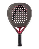 Vooraanzicht Head Coello Motion 2026 donker grijs padel racket met zwart Head logo en rode accenten.