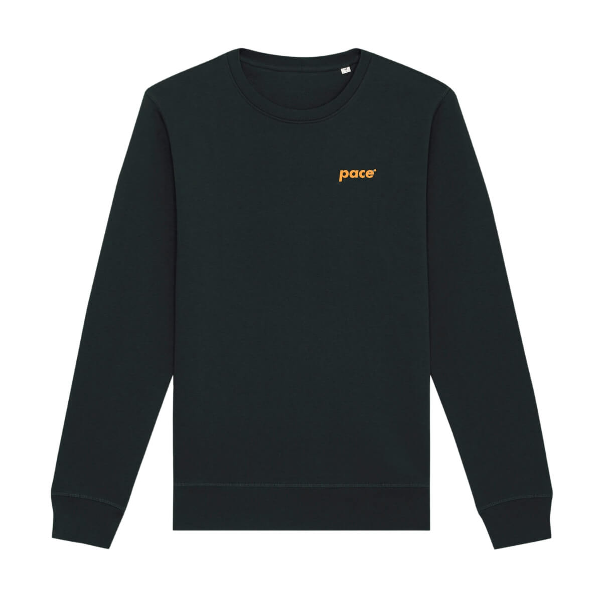 Zwarte sweater met oranje logo pace op de borst