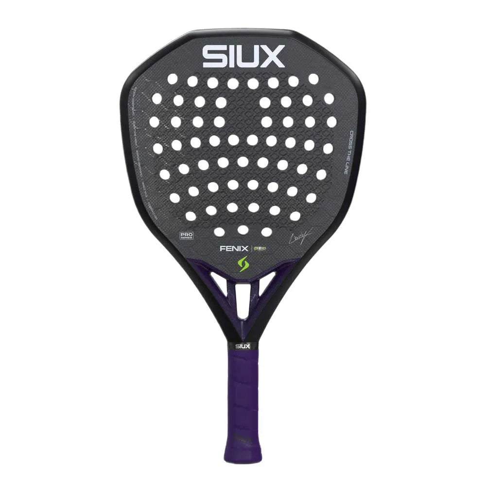Vooraanzicht Siux Fenix Pro 2026 zwarte padel racket met paars handvat